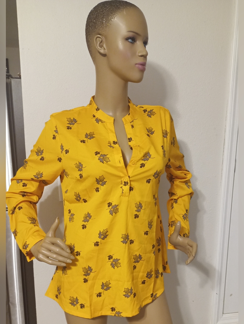 Yellow Floral Split-Neck Women's Blouse